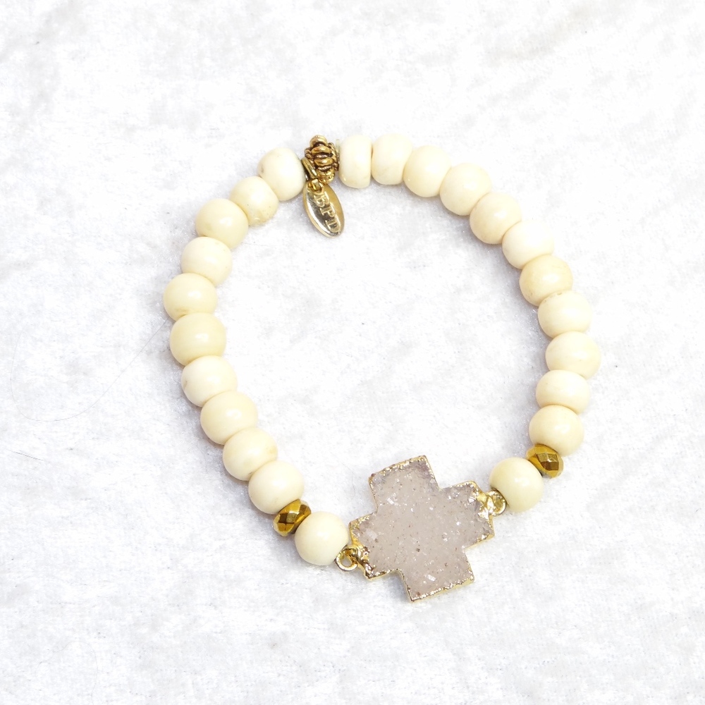 BPD Faux Geode Crystal Cross Bracelet Stretchy